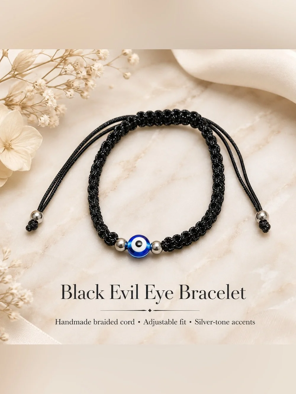 Black Evil Eye Adjustable Cord Bracelet